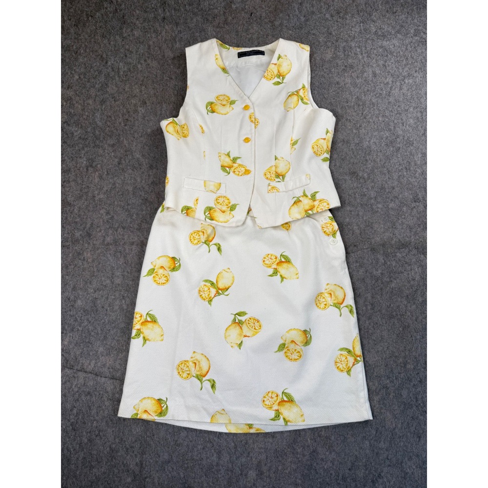 Norton McNaughton Skirt Set Womens 8P White Lemon Print Cotton Vintage Boho